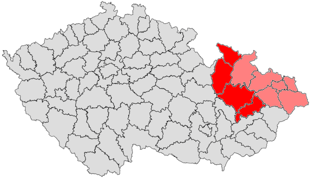 Region Moravskoslezského a Olomouckého kraje na mapce ČR